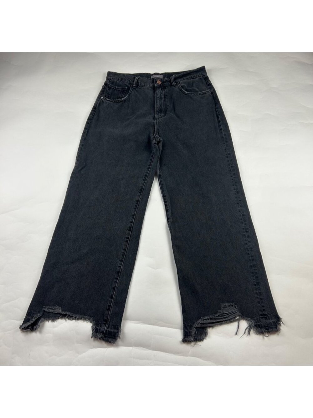 DL1961 Washed Black Ditressed Denim High Rise Hepburn Wide Leg Jeans 29